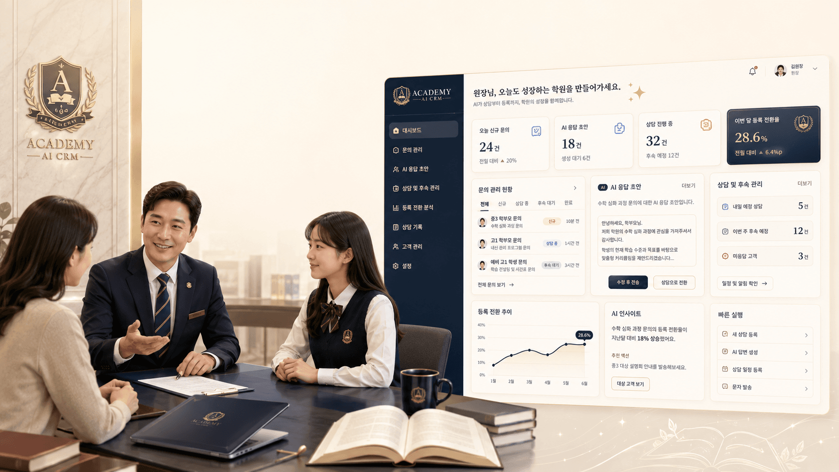 Academy AI CRM 상담 운영 화면 미리보기